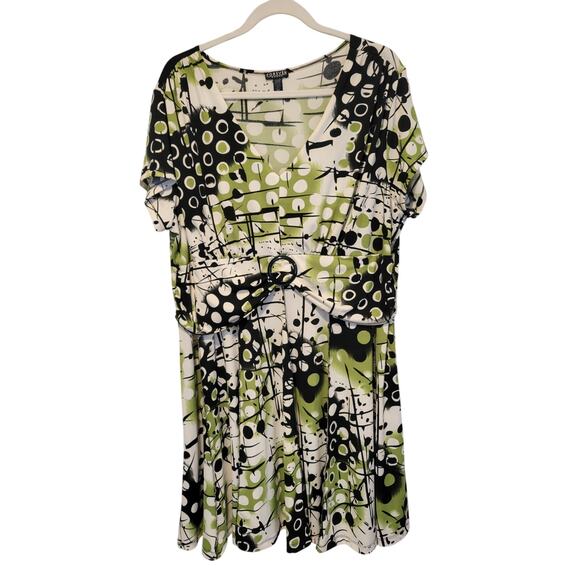 Forever Woman 2X Petite Abstract Green Black White Flowy Midi Dress Artsy Retro - Picture 1 of 6